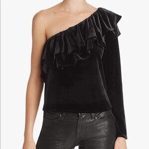 NWT Misa Mielle One Shoulder Asymmetric Sleeve‎ Ruffle Top Black Velvet Small